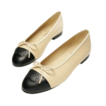 Chanel Beige/Black Leather CC Bow Cap Toe Ballet Flats - Image 3