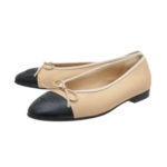 Chanel Beige/Black Leather CC Bow Cap Toe Ballet Flats - Image 2