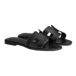 Hermes Oran Sandal Black Calfskin – White Top Stitch Flat Shoes - Image 2